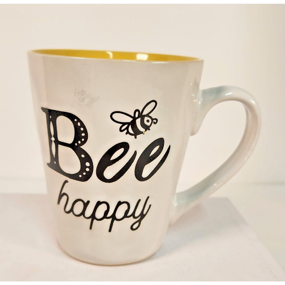 Bee Happy Mug Cup Curved Dimple Mug White Yellow Black (G2)